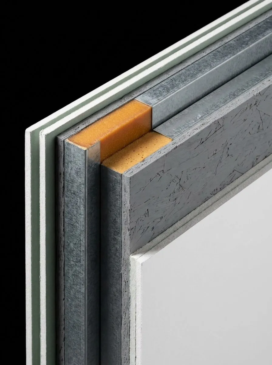 Corte de un panel Inbuild: placas de yeso, OSB, núcleo de poliuretano y bastidor de acero